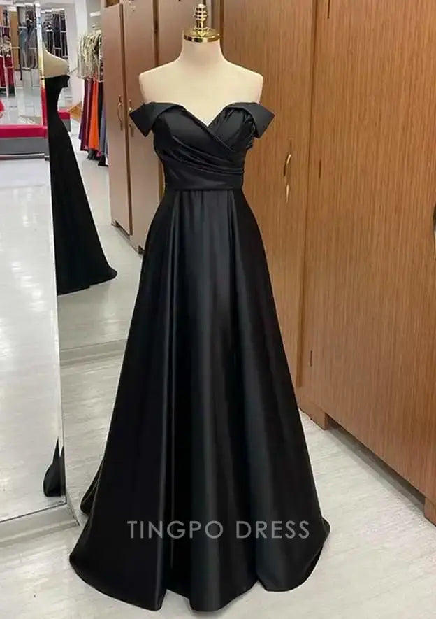 TingPo Wholesale Elegant A-line Off-the-Shoulder Sleeveless Long/Floor-Length Satin Prom Dress With Pleated